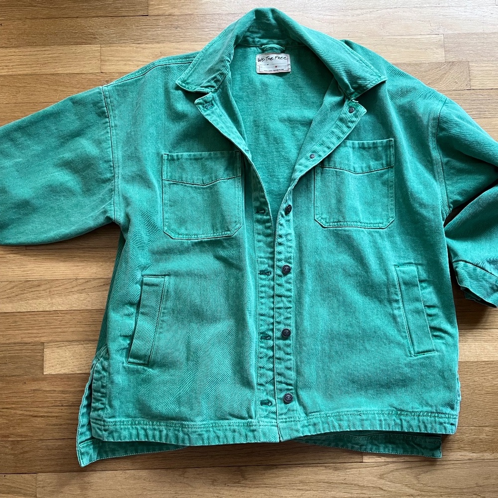 Free People We The Free Green Denim Chore Coat Oversized Button Front Jacket M